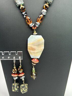 Artisan Gemstone Necklace Set Agate Pendant Jasper Turquoise Beaded Boho
